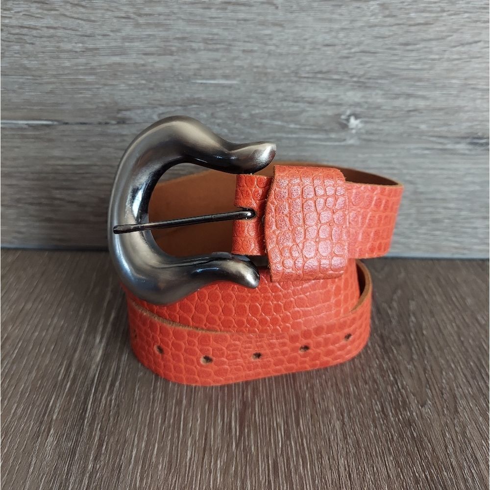 Crocodile Embossed Orange Leather Belt S/M